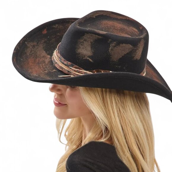 Distressed Designed Cowboy Cowgirl Hat Western Fedora Hat - Picture 6 of 7